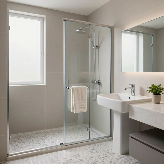 Bagno moderno con doccia in vetro, lavabo bianco, mobiletto grigio e luce a finestra.