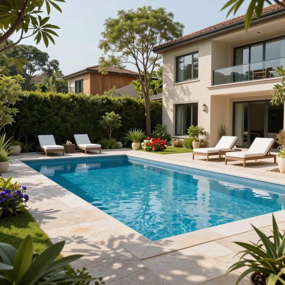 Lussuoso giardino sul retro con piscina turchese, lettini bianchi e una casa moderna baciata dal sole.