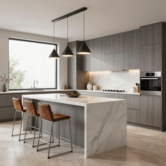 Cucina moderna con isola in marmo, tre lampade a sospensione, mobili in legno e sgabelli da bar accanto a una grande finestra.