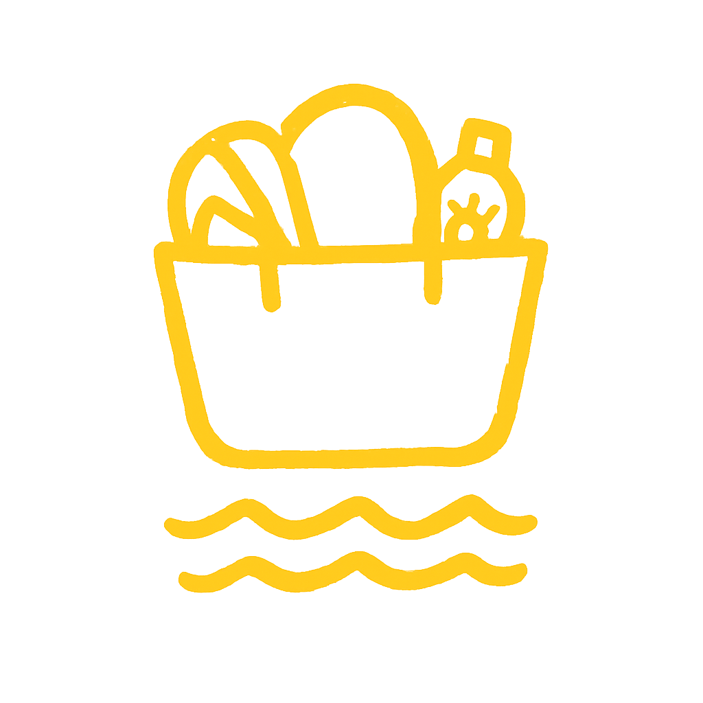 a beach bag with flip flops sunscreen and waves yellow