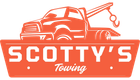 Orange logo with a stylized tow truck above the text "SCOTTY'S Towing" in a trapezoidal border.