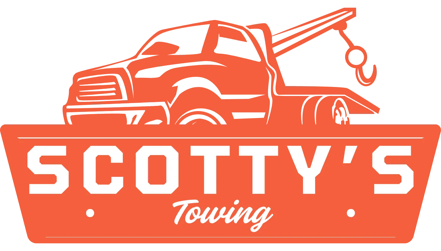 Orange logo with a stylized tow truck above the text "SCOTTY'S Towing" in a trapezoidal border.