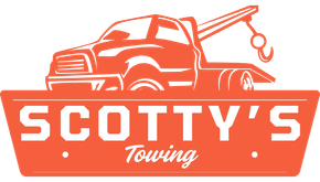 Orange logo with a stylized tow truck above the text "SCOTTY'S Towing" in a trapezoidal border.