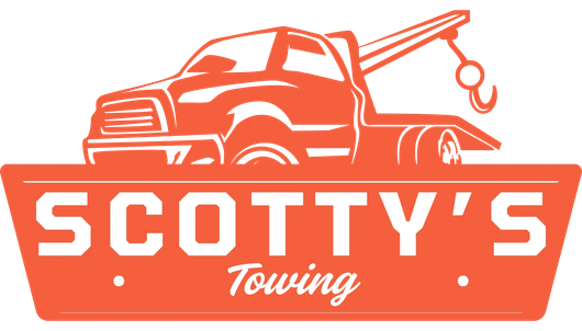Orange logo with a stylized tow truck above the text "SCOTTY'S Towing" in a trapezoidal border.
