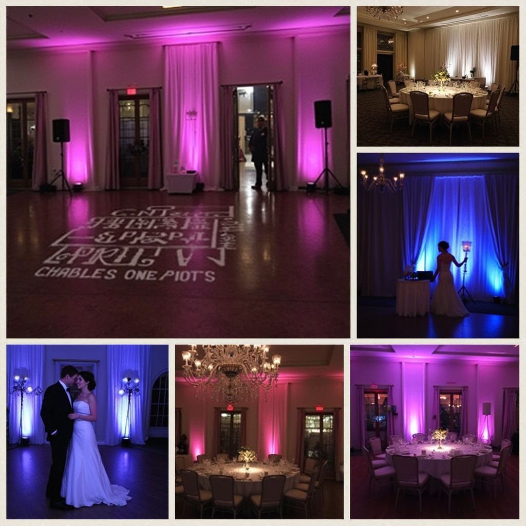 Wedding Reception Dance Floor with Custom Projected Names, Pink and Blue Uplighting, and Professional AV Services in Denver Colorado.