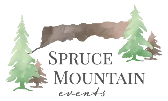 Logo for Spruce Mountain Events featuring green watercolor pine trees and a gray watercolor mountain backdrop.