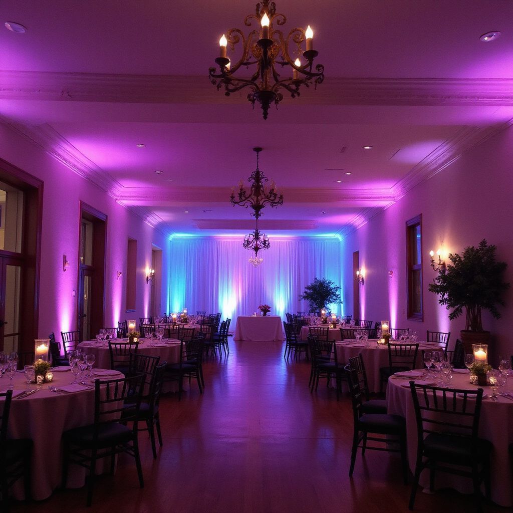 Elegant Event Uplighting Rental Service with Purple and Blue Ambient Lighting for Weddings and Large Events in Colorado Springs.
