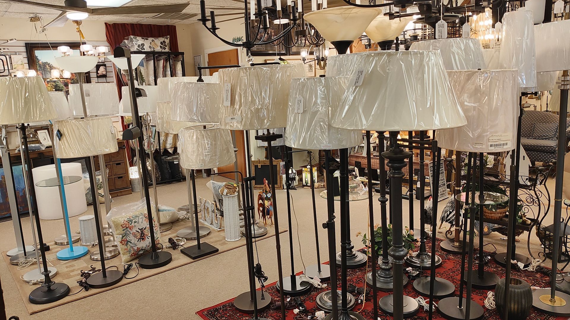 Spacious showroom display of modern and traditional floor lamps in Avon, CT