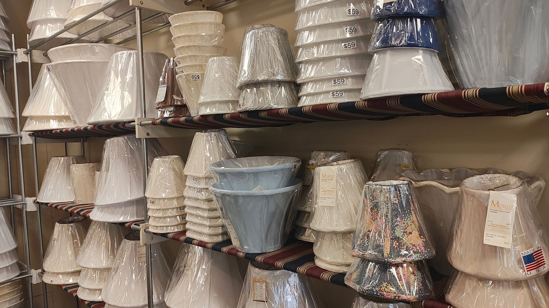 Lampshades of various styles and sizes displayed at a local Avon, Connecticut store.
