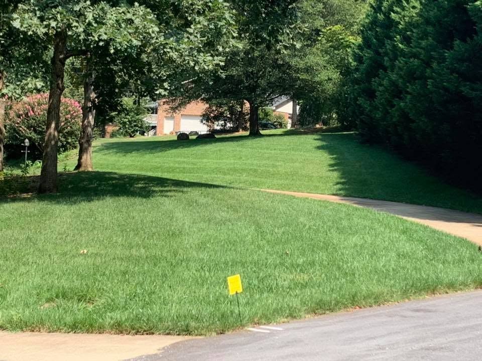 Freshly striped lawn with clean bed edges and mulched shrubs on a Catawba County property