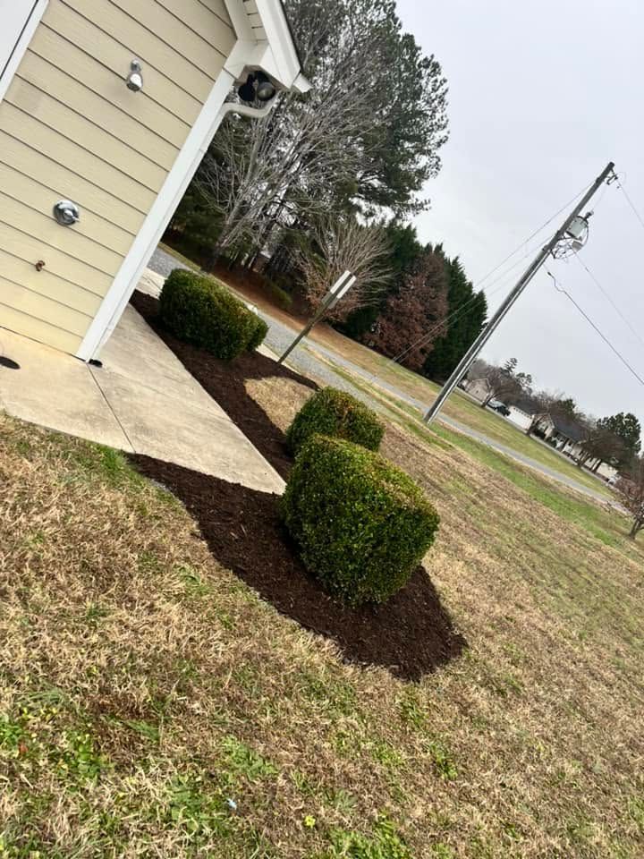 Side of a beige house with a concrete walkway, trimmed shrubs, and a grassy yard under cloudy skies