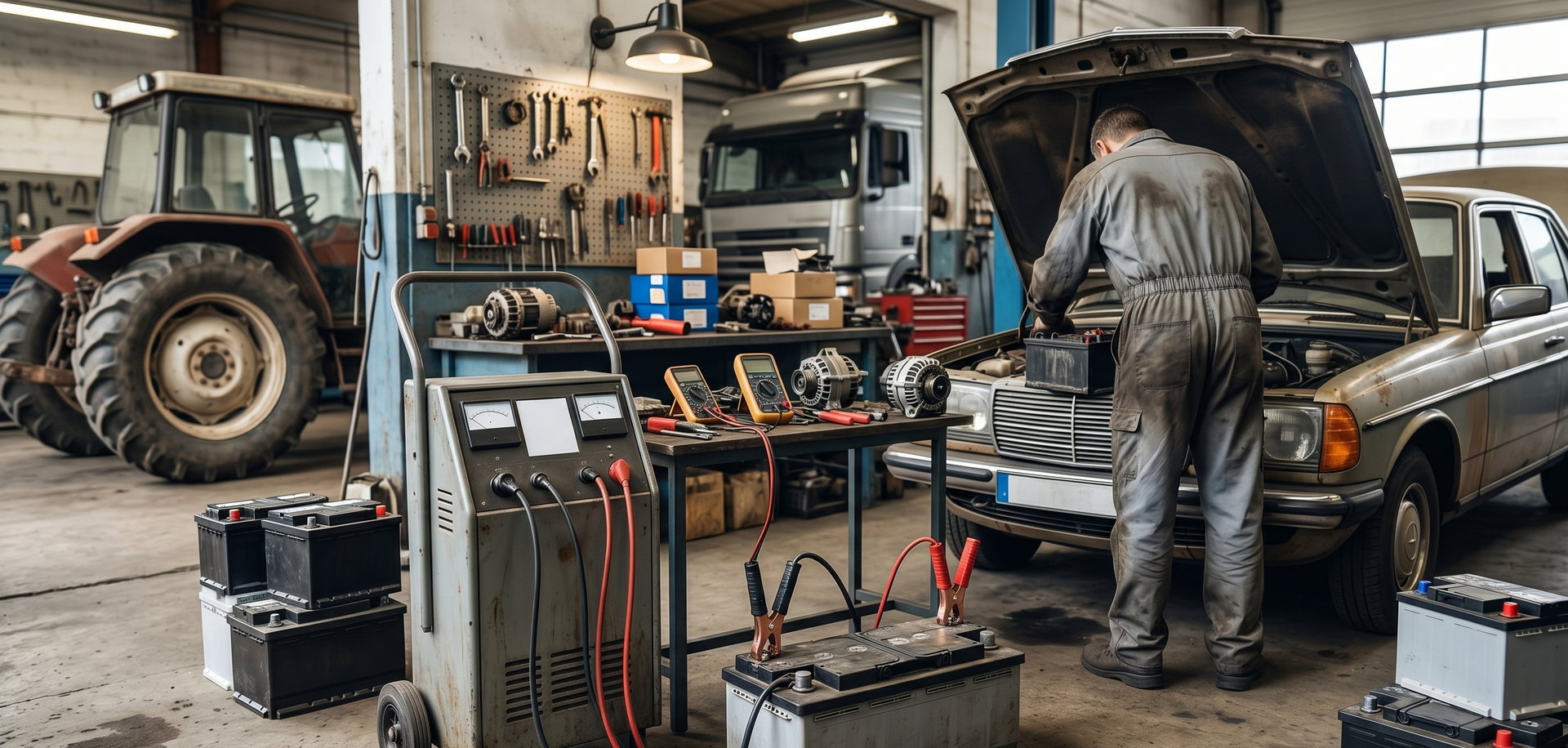 Mechanic working under an open car hood in a garage, with tools, batteries, and a tractor nearby.