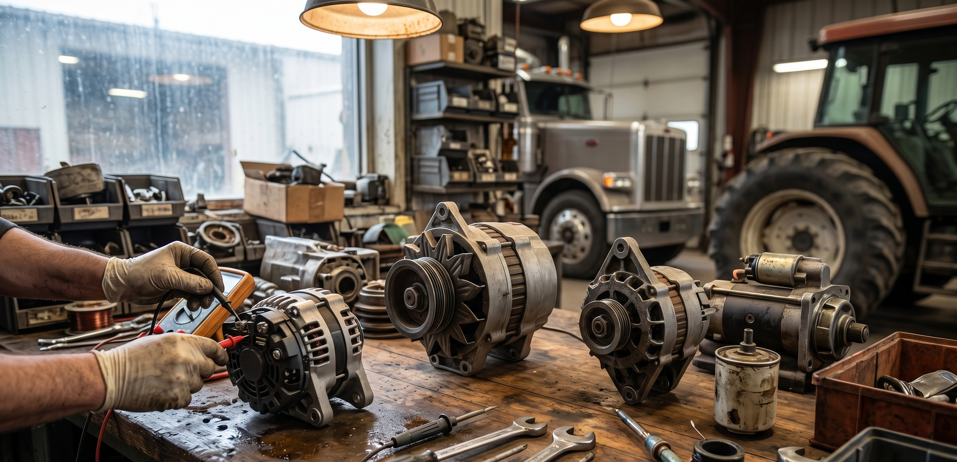 Mechanic’s workshop with engine parts, tools, and a large truck in the background