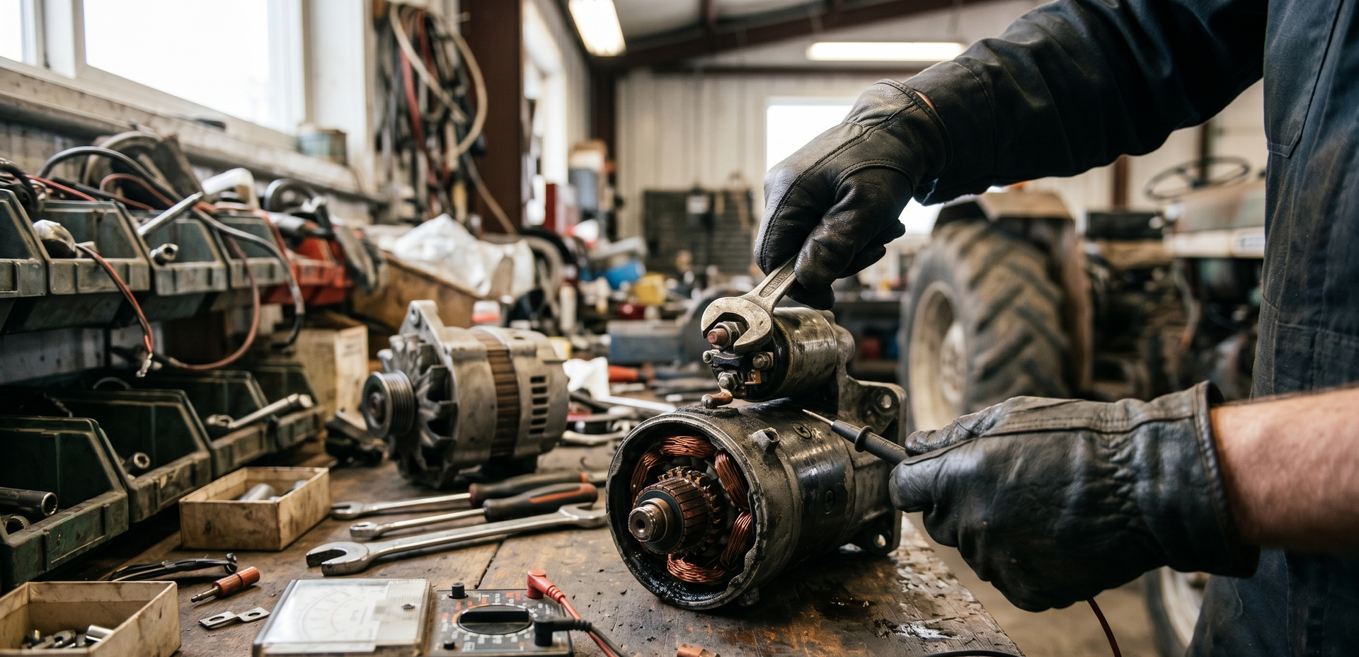 Gloved hands repairing a disassembled electric motor on a cluttered workbench in a workshop