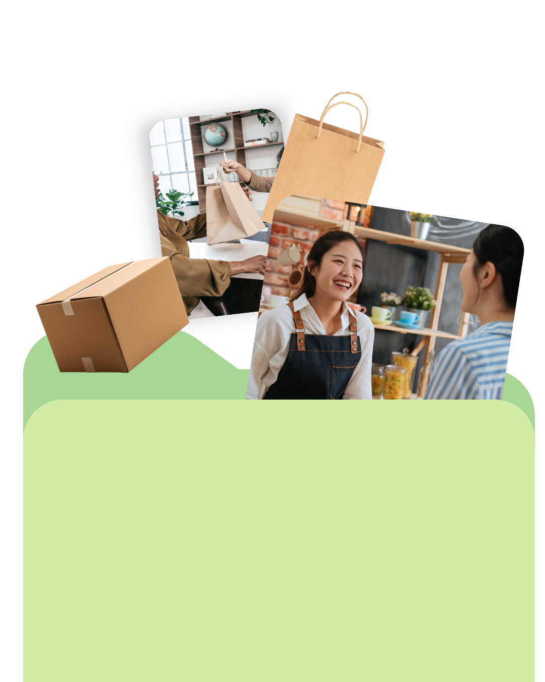 Mujer con delantal atendiendo a un cliente; caja marrón y bolsa de papel. Fondo verde.