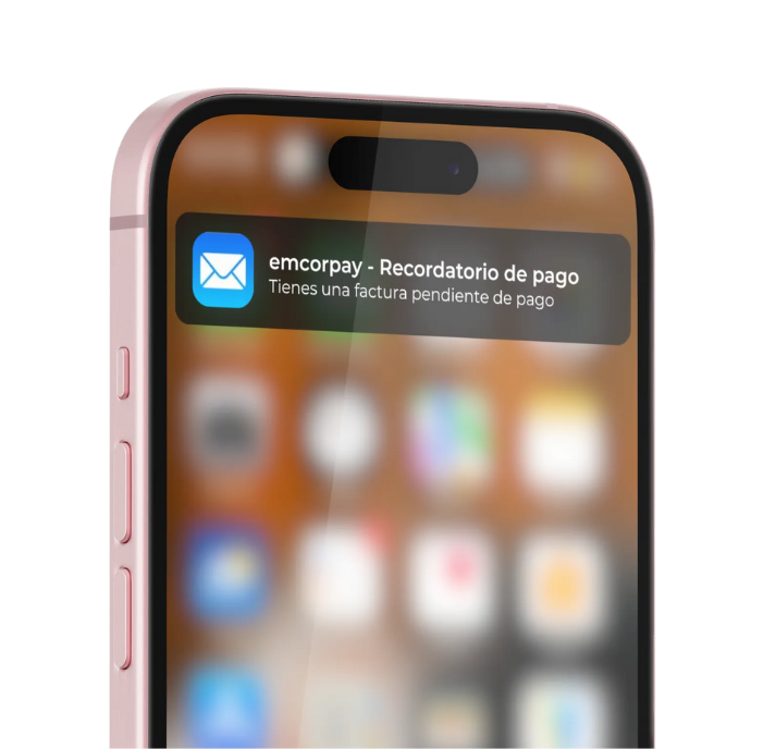 Teléfono rosa que muestra una notificación de recordatorio de pago de emcorpay.