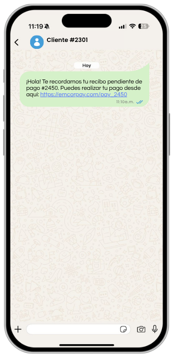 Teléfono inteligente que muestra un mensaje de WhatsApp recordando a un cliente que debe pagar y un enlace.