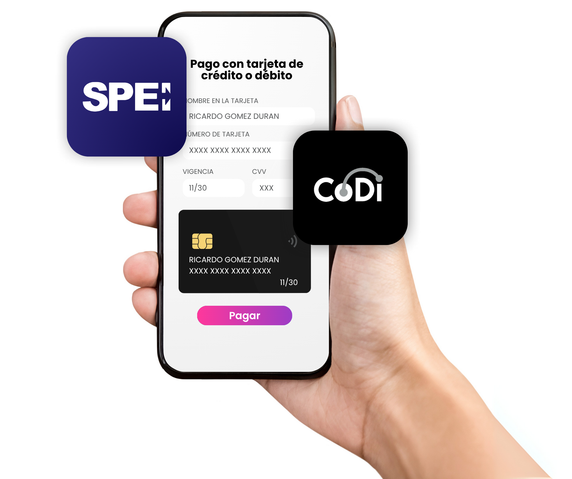 Mano sosteniendo un teléfono inteligente que muestra un formulario de pago con los logotipos SPEI y CoDi.