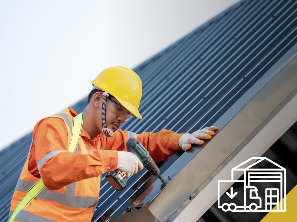 Construction worker in a hard hat securing roof panel with a drill, next to a delivery truck icon.