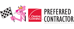 Pink Panther holding a checkered flag, Owens Corning logo, and