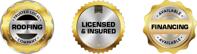 Logos for roofing company: Trusted, Licensed & Insured, and Financing Available.
