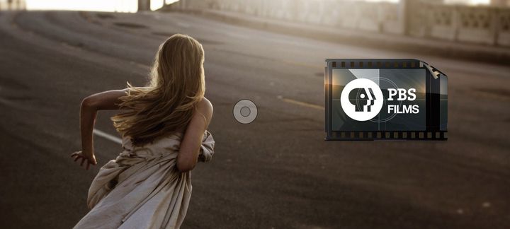 a woman in a white dress is running in front of a pbs film