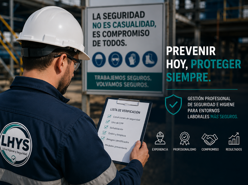 Un trabajador con casco revisa una lista de verificación de seguridad junto a un cartel español