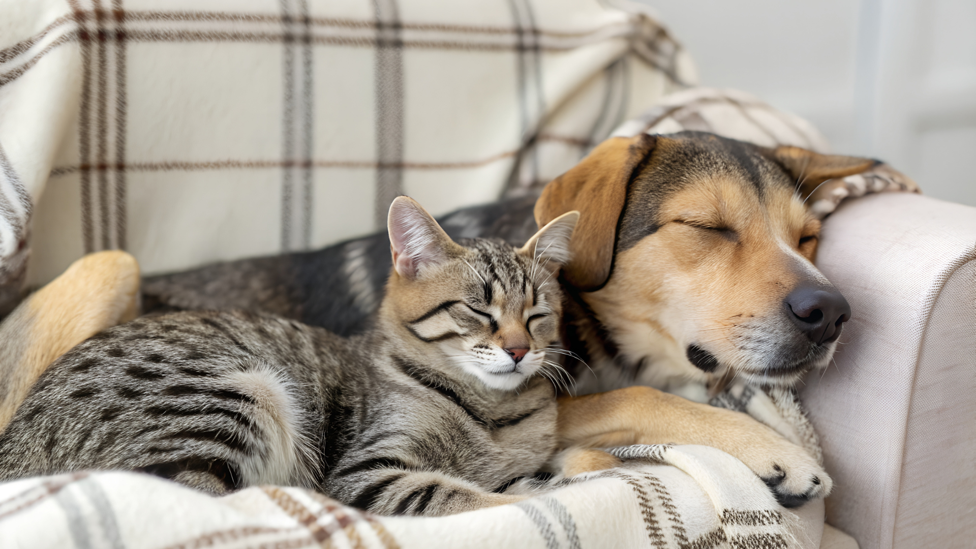 Un chat et un chien dorment ensemble sur un canapé, les yeux fermés, sous une couverture à carreaux.