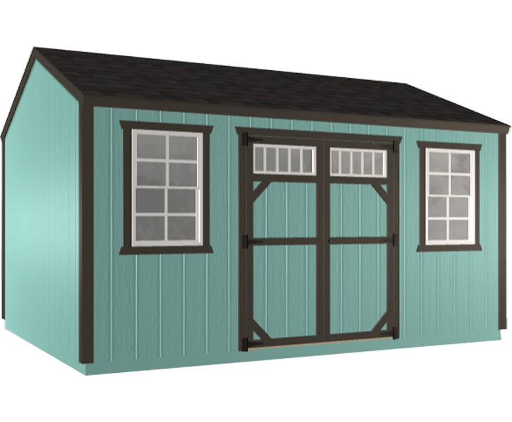 3D builder of a blue shed with two windows and a black roof