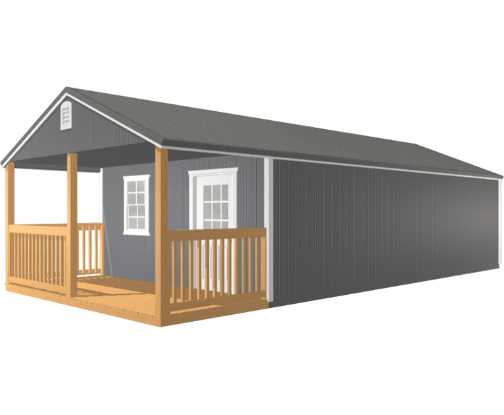 A 3D image of a gray cabin with a porch and two windows.