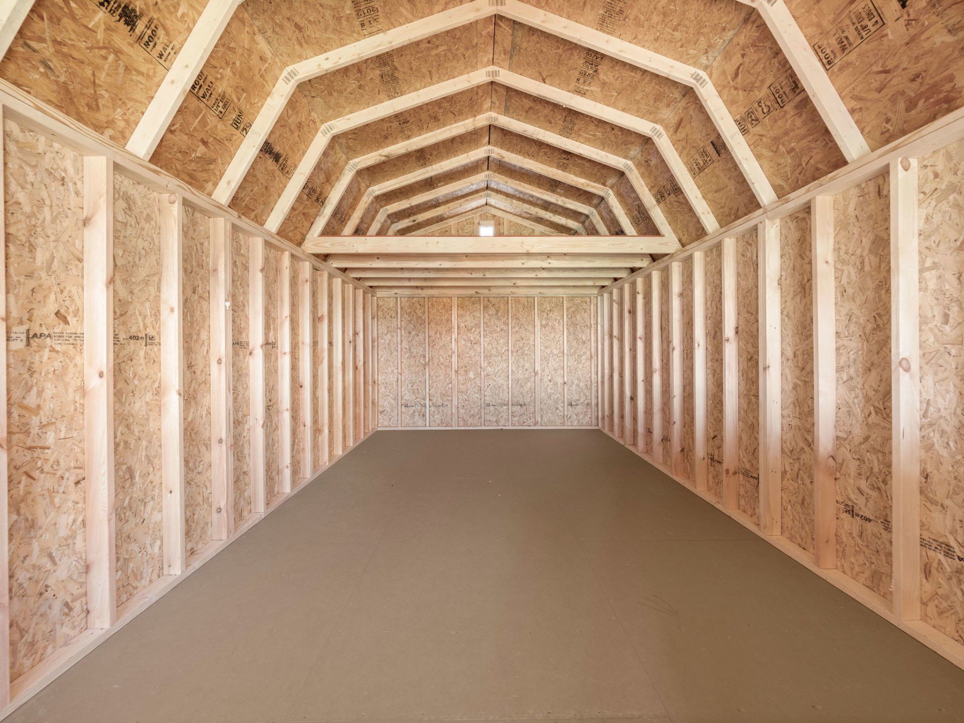The interior view of a deluxe lofted barn cabin.