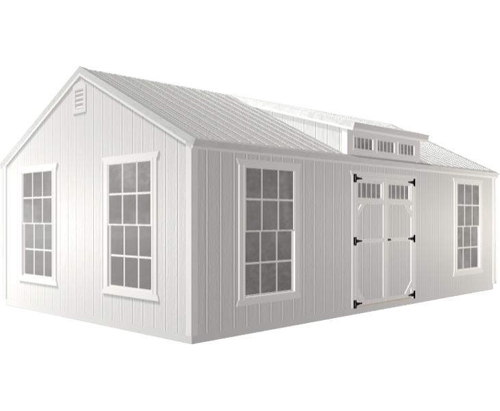 A white shed with many windows and doors on a white background.
