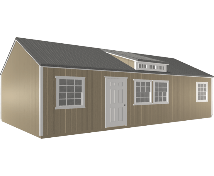 3D builder of a brown shed with white windows and a black roof