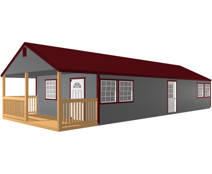 A 3D image of a gray cabin with a red roof and a porch
