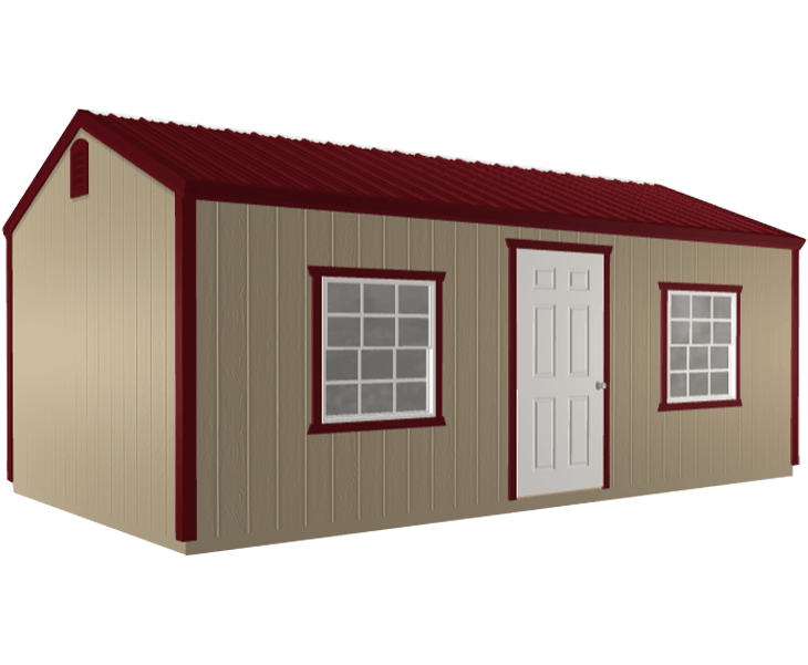 A 3D builder of a shed with a red roof and two windows