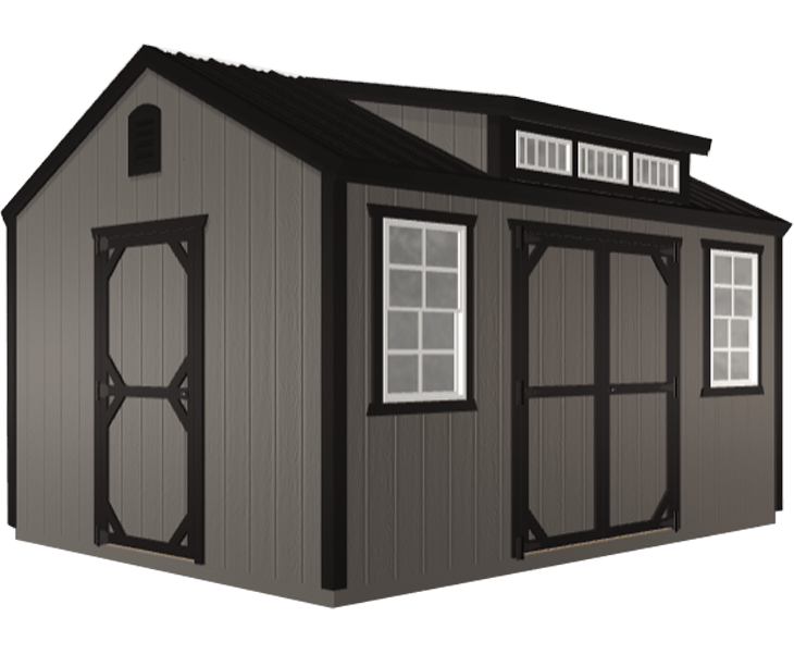A 3D builder of a gray shed with a black roof and white windows
