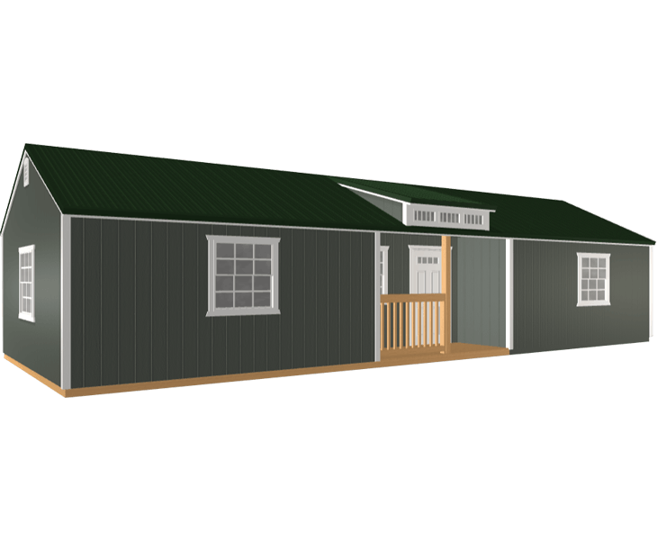 A 3D builder of a cabin with a black roof and white windows