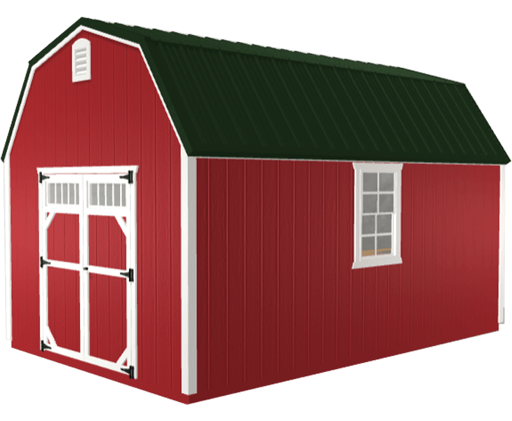 3D builder of a red barn with a green roof and white trim