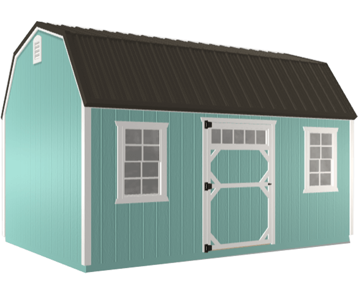 3D builder of a blue barn with a black roof and white trim