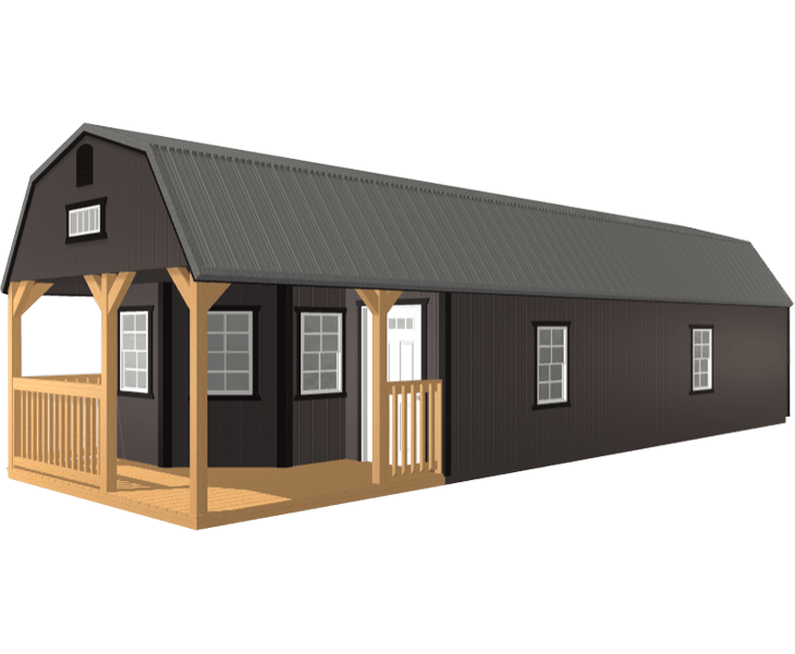 3D builder of a black barn with a porch and a gray roof