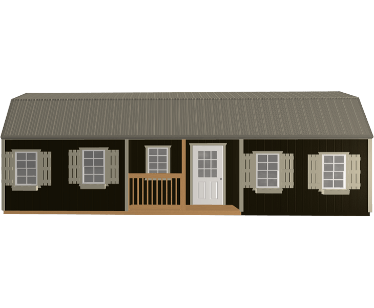 3D builder of a black cabin with white shutters and a porch