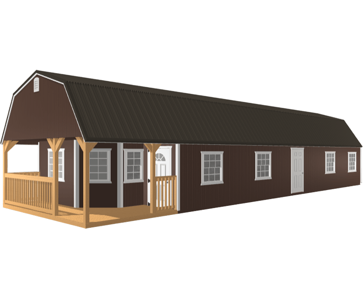 A brown house with a porch and a black roof