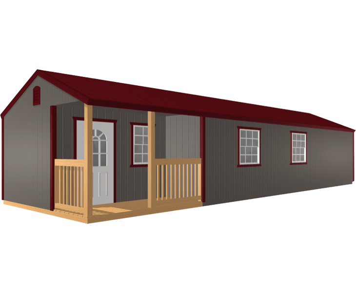 A 3D builder of a gray cabin with a red roof and a porch