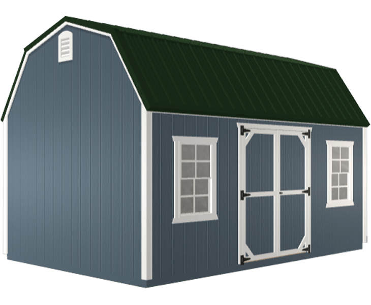 3D builder of a blue barn with a black roof and white trim