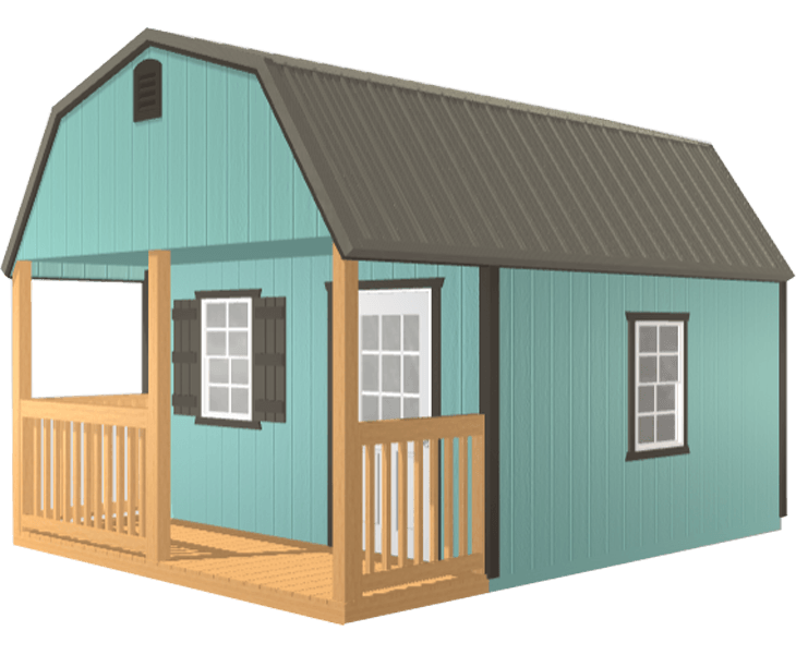 3D builder of a blue barn with a porch and two windows