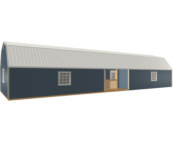 3D builder of a blue center lofted cabin with a white roof and windows