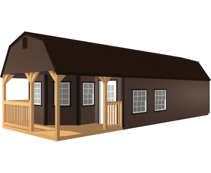 3D builder of a brown cabin with a porch and windows on a white background
