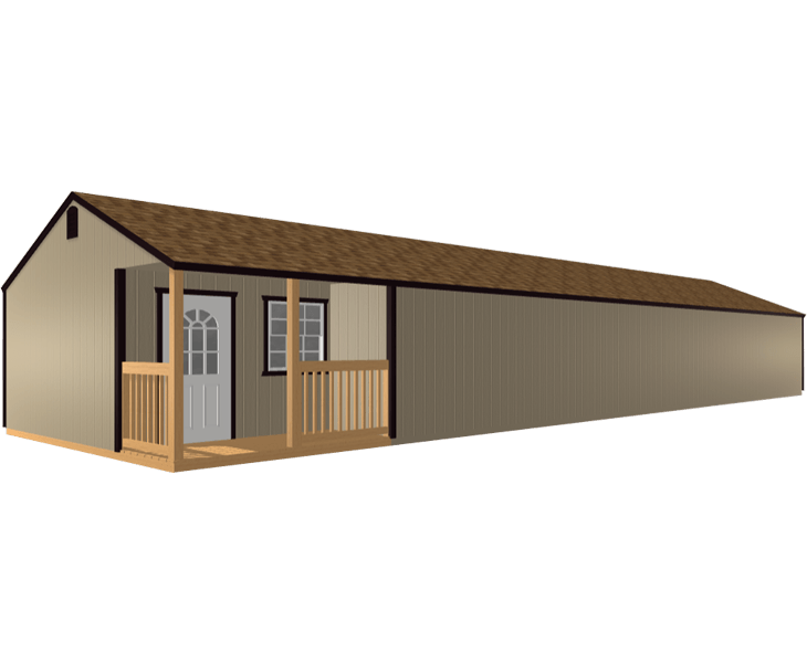 A 3D image of a cabin with a porch and a brown roof