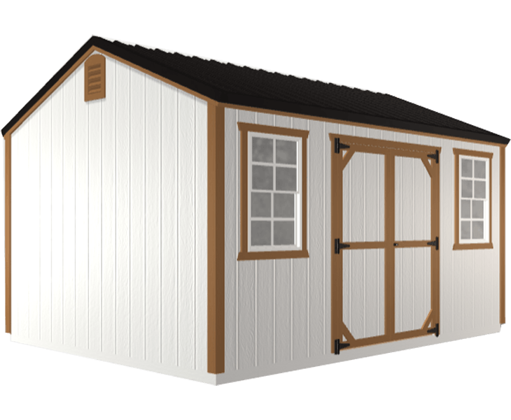 3D builder of a white shed with brown trim and two windows