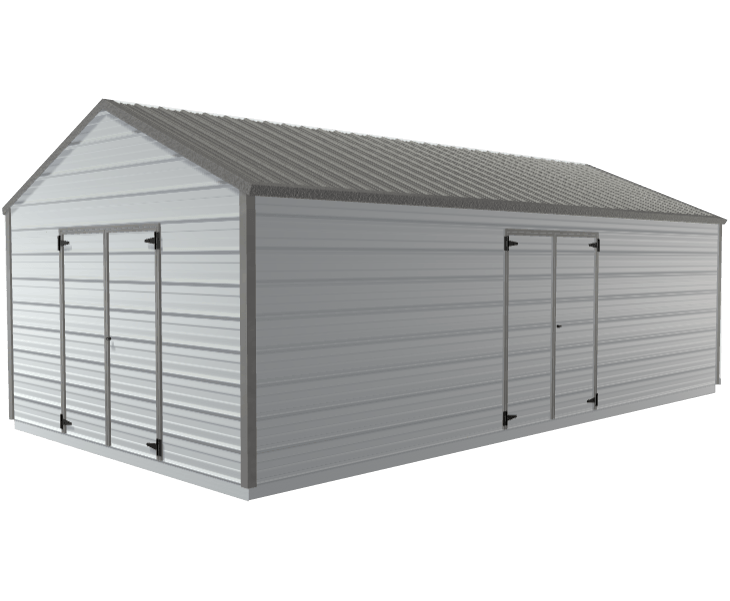 3D builder of a gray metal sheds with two doors and a roof